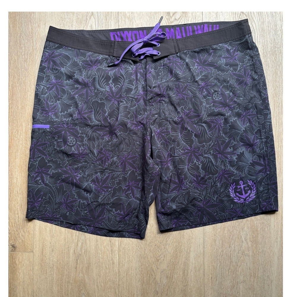 Dixxon Maui Waui Board Shorts Mens 44 Black Purple Floral Cannabis Swim Trunks